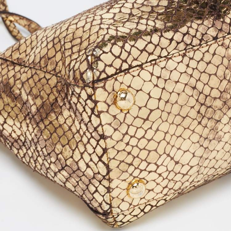 Pre Owned MICHAEL Michael Kors Metallic Gold Snakeskin Embossed Leather and Suede Chain Handle Tote