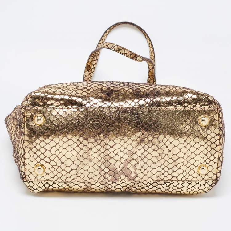 Pre Owned MICHAEL Michael Kors Metallic Gold Snakeskin Embossed Leather and Suede Chain Handle Tote
