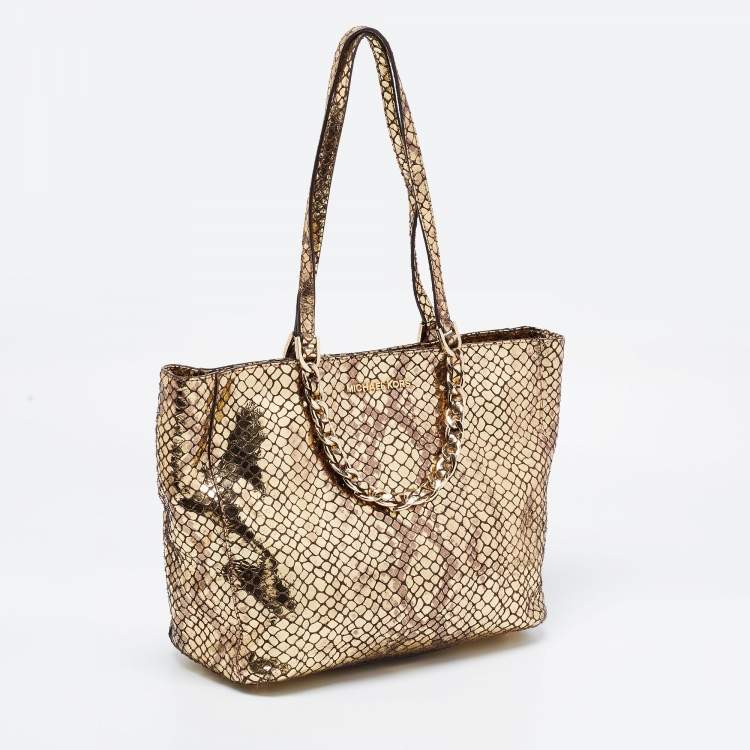 Pre Owned MICHAEL Michael Kors Metallic Gold Snakeskin Embossed Leather and Suede Chain Handle Tote