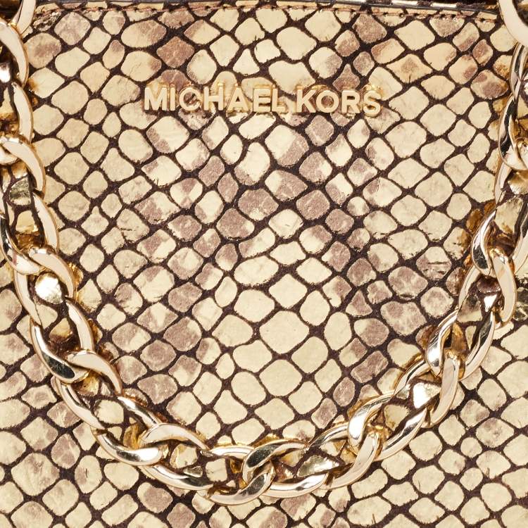 Pre Owned MICHAEL Michael Kors Metallic Gold Snakeskin Embossed Leather and Suede Chain Handle Tote