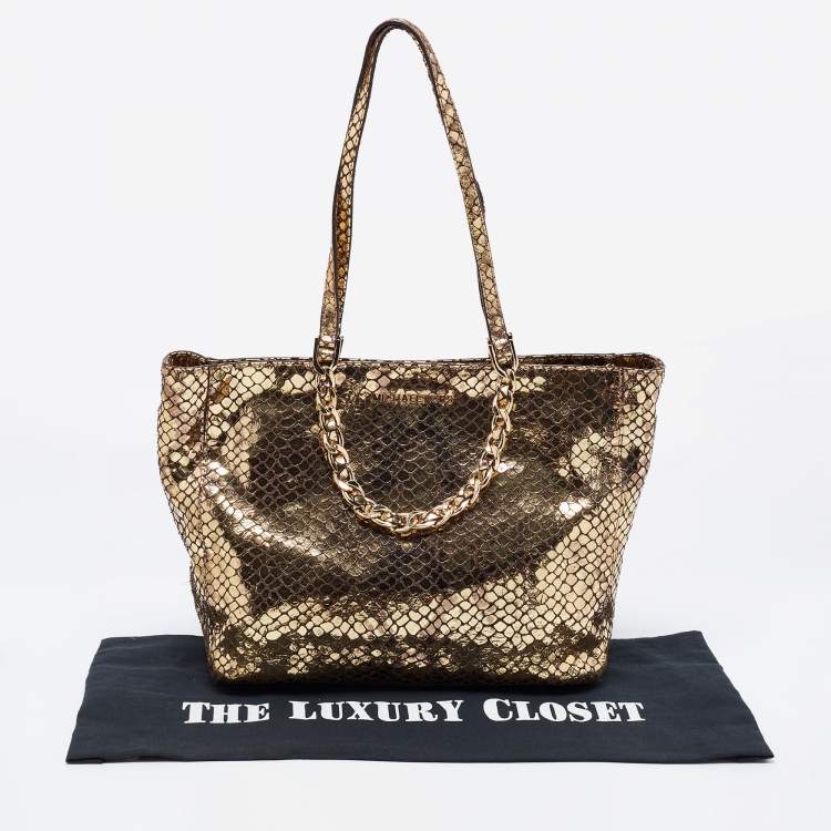 Pre Owned MICHAEL Michael Kors Metallic Gold Snakeskin Embossed Leather and Suede Chain Handle Tote