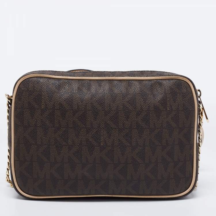 Pre Owned MICHAEL Michael Kors Brown/Beige Signature Coated Canvas and Leather Large East West Camera Crossbody Bag