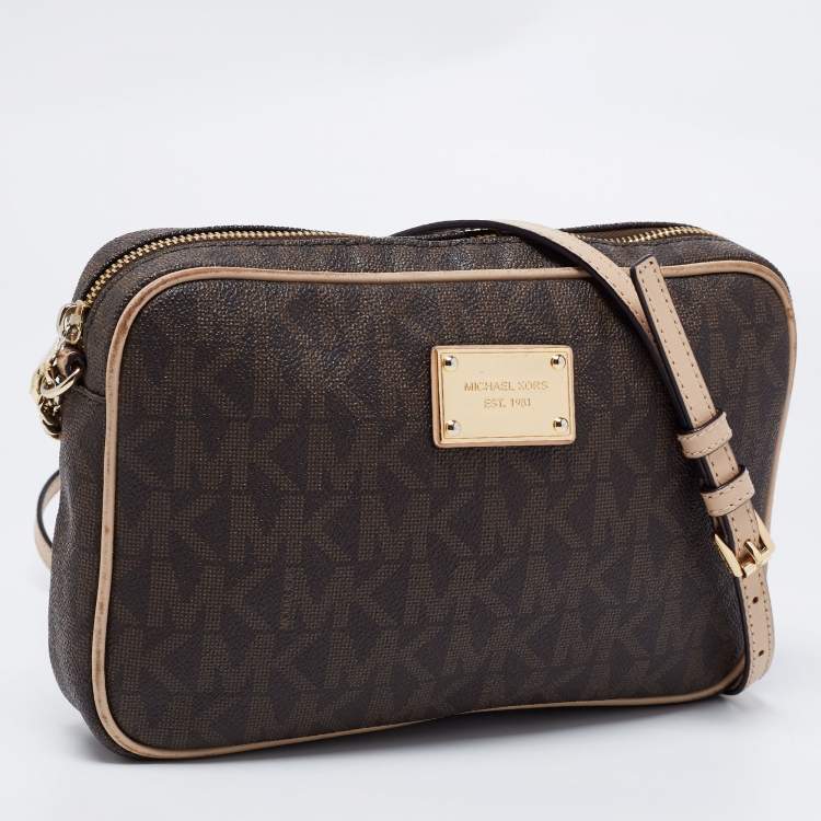 Pre Owned MICHAEL Michael Kors Brown/Beige Signature Coated Canvas and Leather Large East West Camera Crossbody Bag