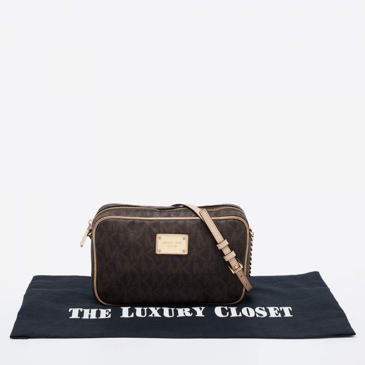 Pre Owned MICHAEL Michael Kors Brown/Beige Signature Coated Canvas and Leather Large East West Camera Crossbody Bag