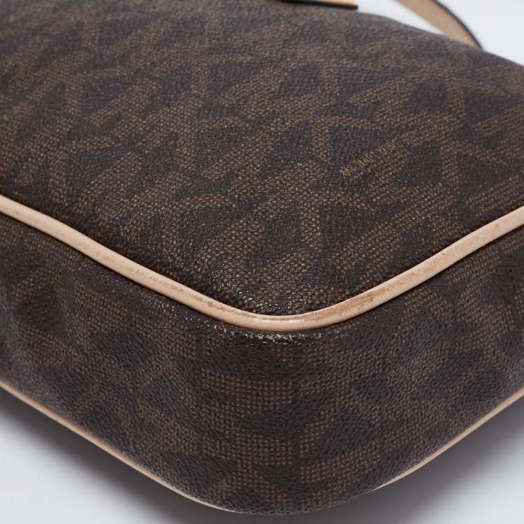 Pre Owned MICHAEL Michael Kors Brown/Beige Signature Coated Canvas and Leather Large East West Camera Crossbody Bag