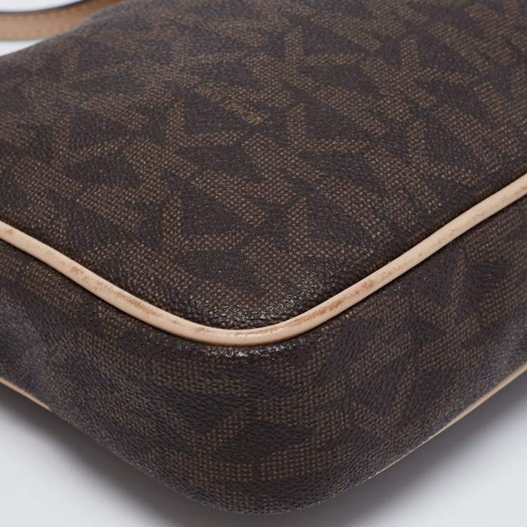 Pre Owned MICHAEL Michael Kors Brown/Beige Signature Coated Canvas and Leather Large East West Camera Crossbody Bag