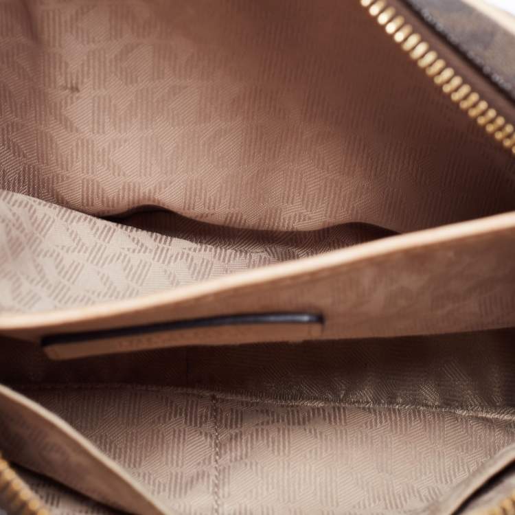 Pre Owned MICHAEL Michael Kors Brown/Beige Signature Coated Canvas and Leather Large East West Camera Crossbody Bag