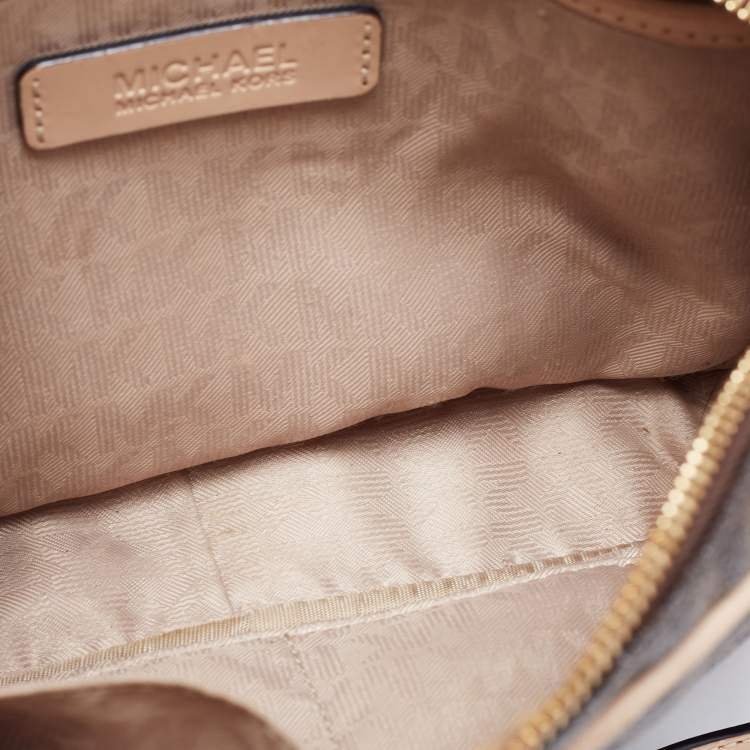 Pre Owned MICHAEL Michael Kors Brown/Beige Signature Coated Canvas and Leather Large East West Camera Crossbody Bag