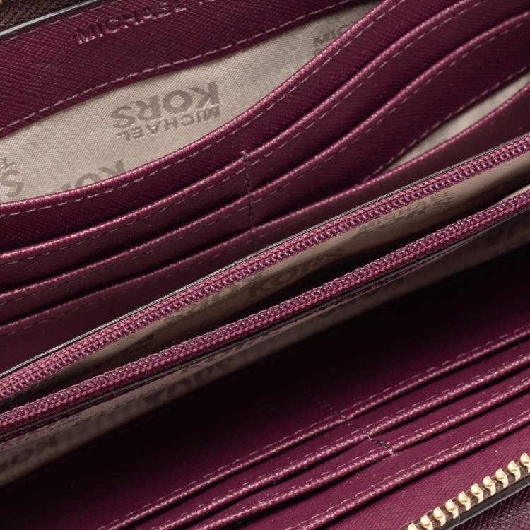 Pre Owned Michael Kors Brown/Purple Signature Coated Canvas And Leather Wallet On Chain