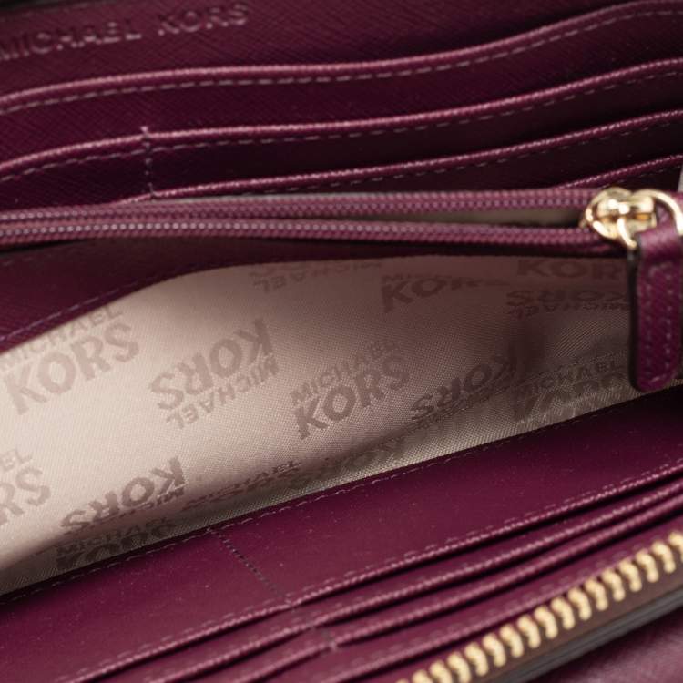 Pre Owned Michael Kors Brown/Purple Signature Coated Canvas And Leather Wallet On Chain