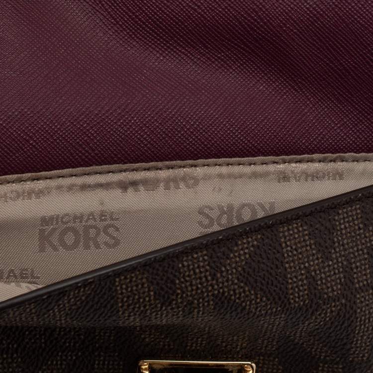 Pre Owned Michael Kors Brown/Purple Signature Coated Canvas And Leather Wallet On Chain