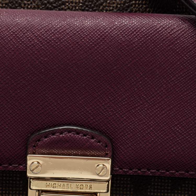 Pre Owned Michael Kors Brown/Purple Signature Coated Canvas And Leather Wallet On Chain