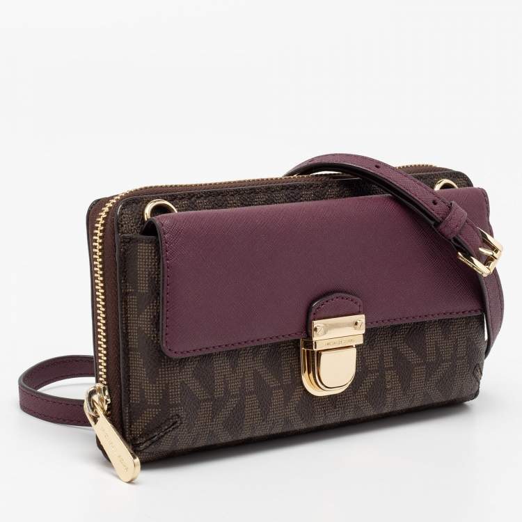Pre Owned Michael Kors Brown/Purple Signature Coated Canvas And Leather Wallet On Chain