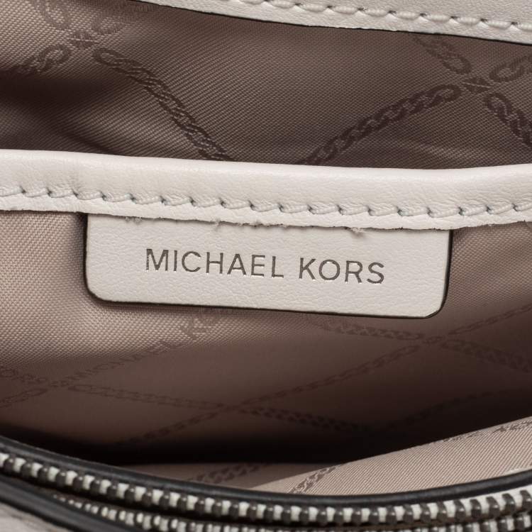 Pre Owned Michael Kors White Newsprint Logo Leather Jade Large Shoulder Bag 