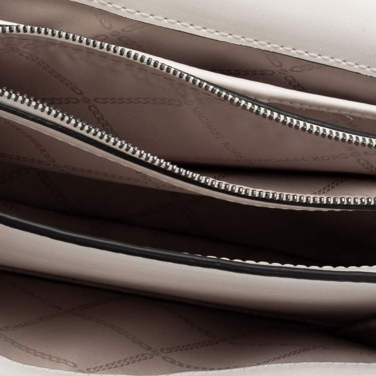 Pre Owned Michael Kors White Newsprint Logo Leather Jade Large Shoulder Bag 