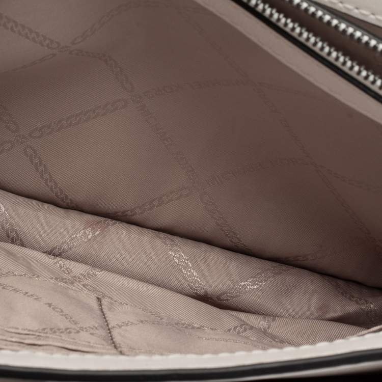 Pre Owned Michael Kors White Newsprint Logo Leather Jade Large Shoulder Bag 