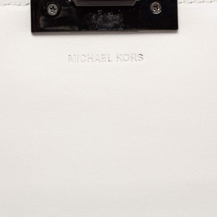 Pre Owned Michael Kors White Newsprint Logo Leather Jade Large Shoulder Bag 