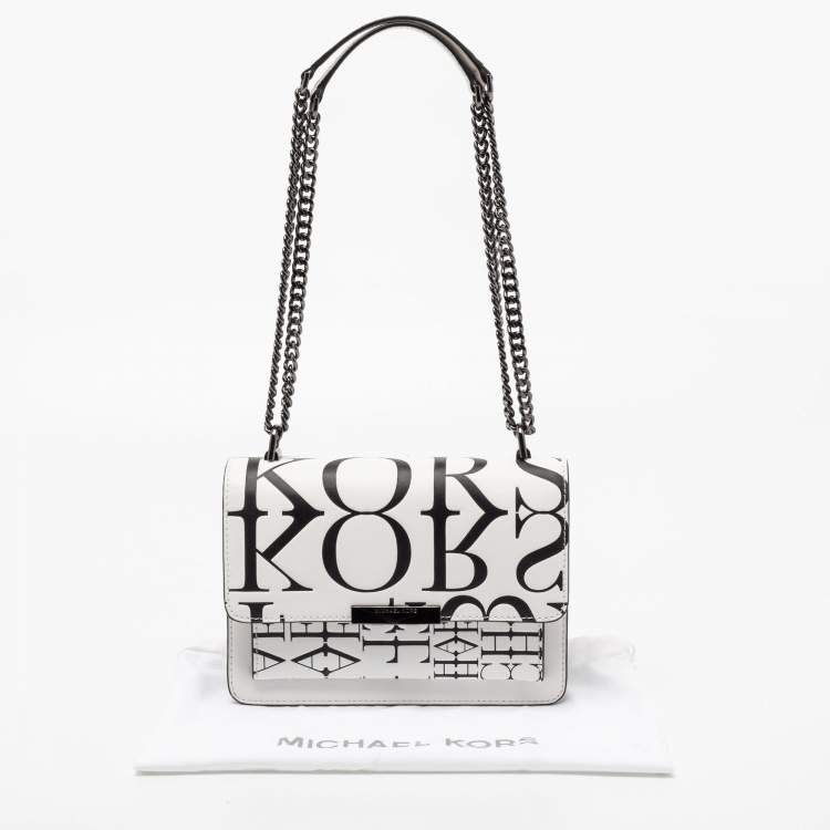 Pre Owned Michael Kors White Newsprint Logo Leather Jade Large Shoulder Bag 