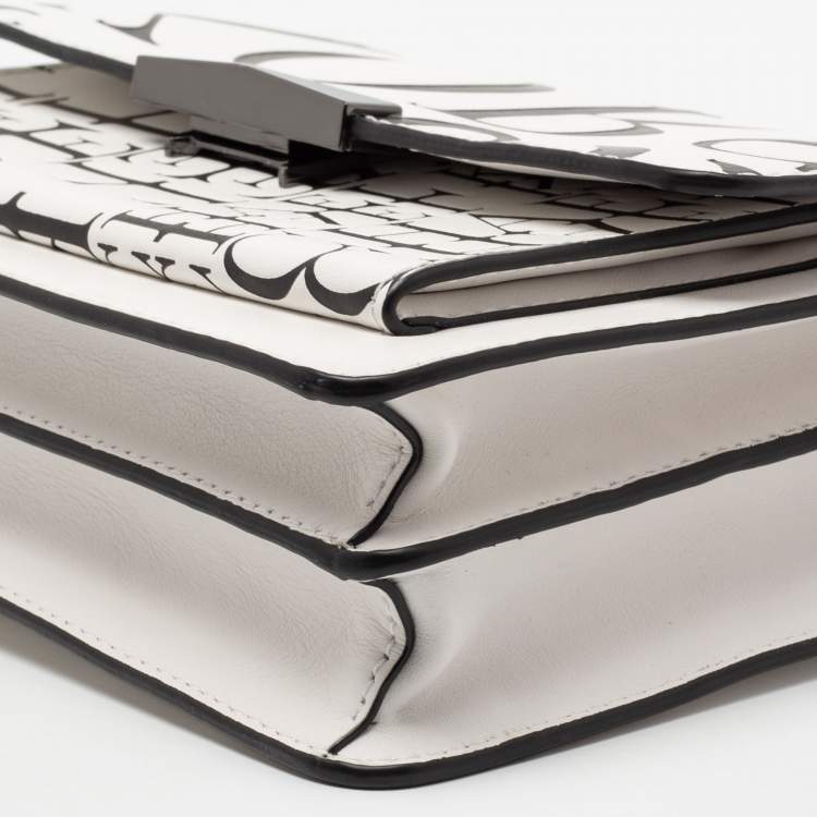 Pre Owned Michael Kors White Newsprint Logo Leather Jade Large Shoulder Bag 