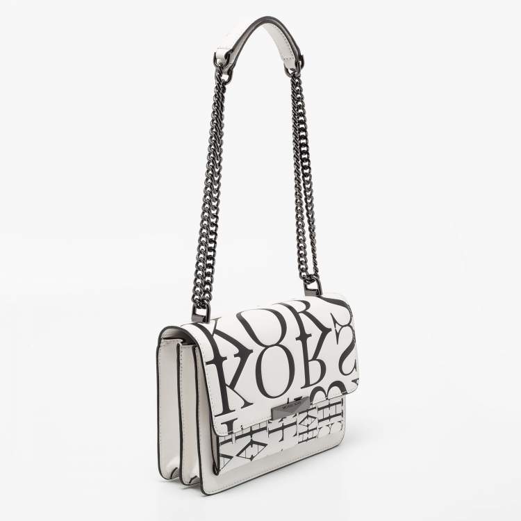 Pre Owned Michael Kors White Newsprint Logo Leather Jade Large Shoulder Bag 