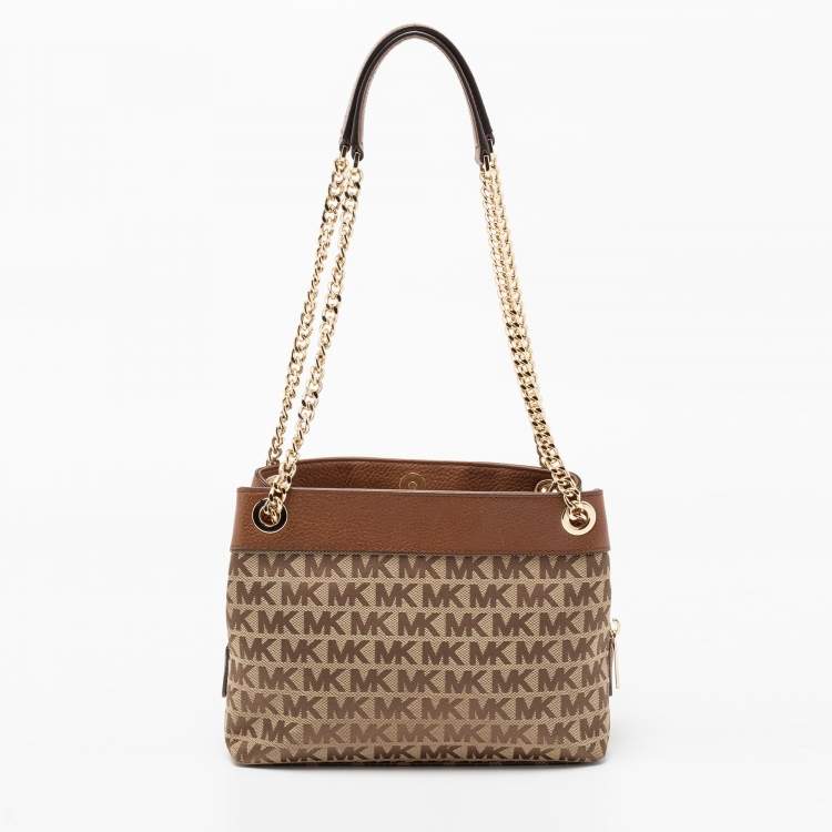 Pre Owned Michael Kors Beige/Brown Signature Canvas and Leather Small Susan Shoulder Bag