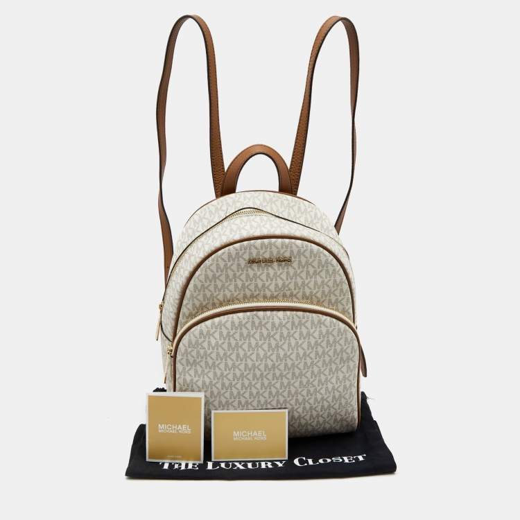 Pre Owned MICHAEL Michael Kors White Signature Coated Canvas and Leather Medium Abbey Backpack