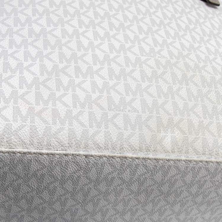 Pre Owned Michael Kors White/Grey Signature Coated Canvas and Leather Medium Jet Set Tote