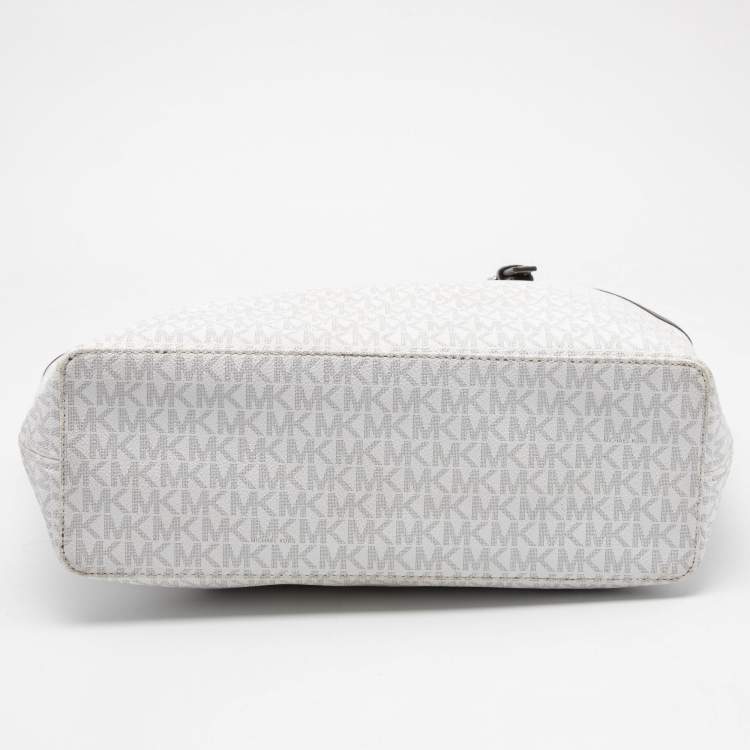 Pre Owned Michael Kors White/Grey Signature Coated Canvas and Leather Medium Jet Set Tote