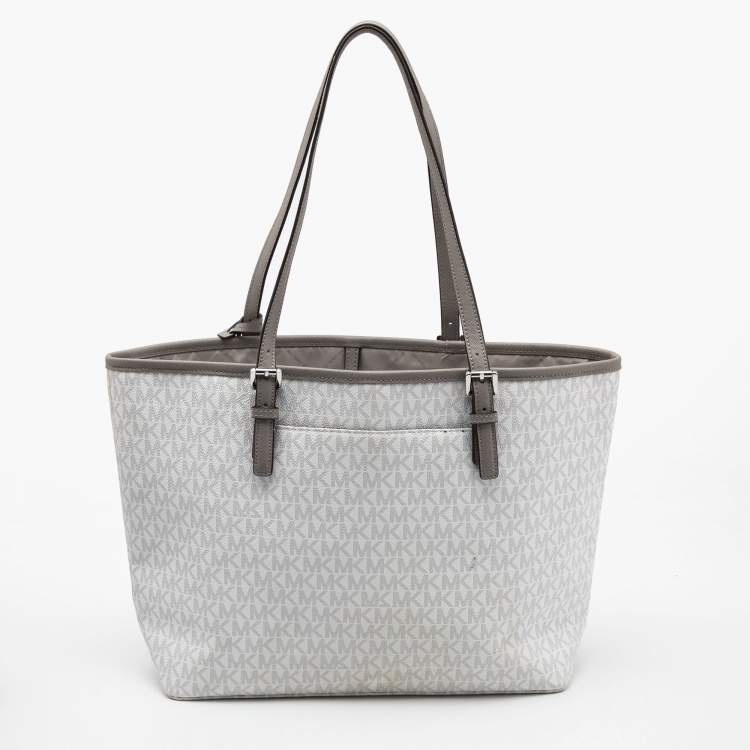 Pre Owned Michael Kors White/Grey Signature Coated Canvas and Leather Medium Jet Set Tote