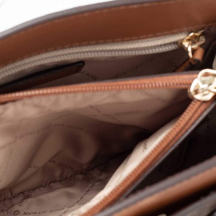 Pre Owned Michael Kors Brown Monogram Canvas Leather Medium Mott Tote