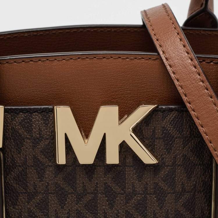 Pre Owned Michael Kors Brown Monogram Canvas Leather Medium Mott Tote