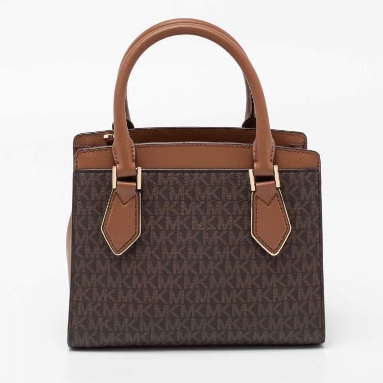 Pre Owned Michael Kors Brown Monogram Canvas Leather Medium Mott Tote