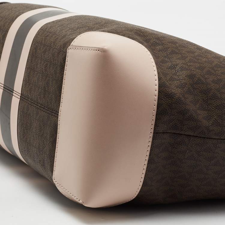 Pre Owned Michael Kors Brown/Pale Pink Monogram Canvas And Leather Stripe Print Tote