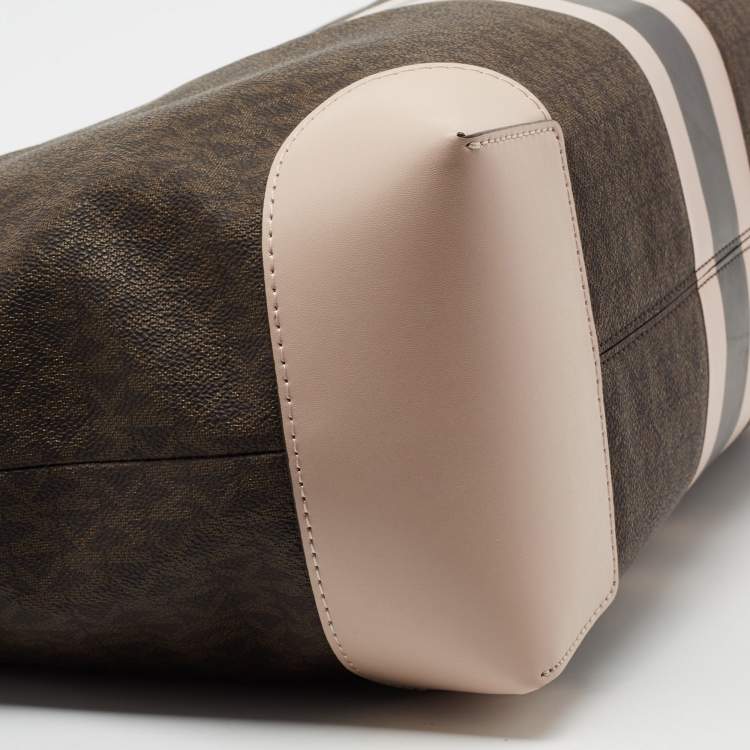 Pre Owned Michael Kors Brown/Pale Pink Monogram Canvas And Leather Stripe Print Tote