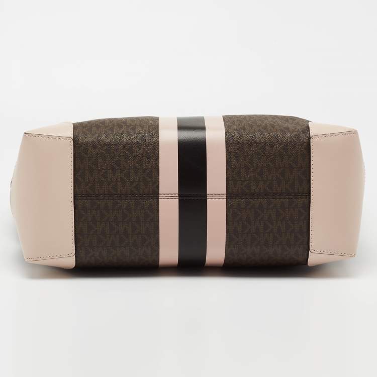 Pre Owned Michael Kors Brown/Pale Pink Monogram Canvas And Leather Stripe Print Tote