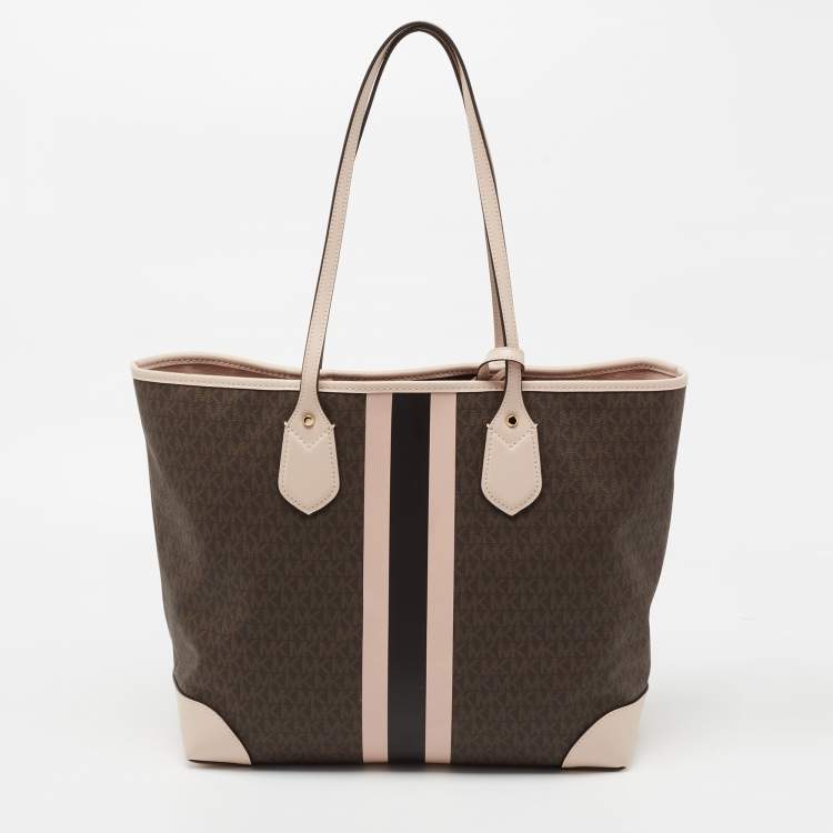 Pre Owned Michael Kors Brown/Pale Pink Monogram Canvas And Leather Stripe Print Tote
