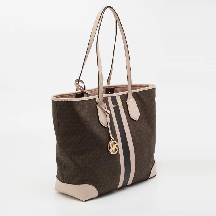 Pre Owned Michael Kors Brown/Pale Pink Monogram Canvas And Leather Stripe Print Tote