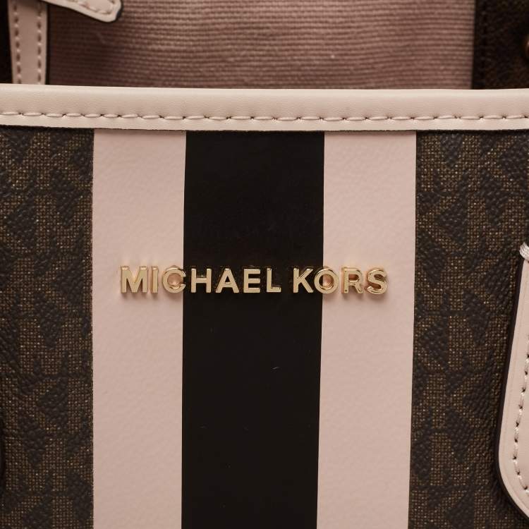 Pre Owned Michael Kors Brown/Pale Pink Monogram Canvas And Leather Stripe Print Tote