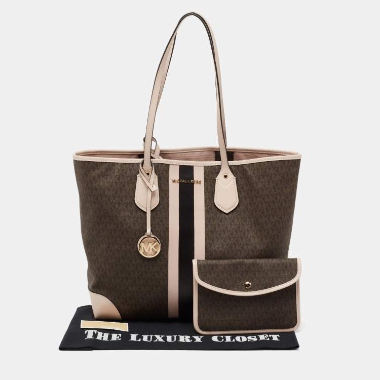 Pre Owned Michael Kors Brown/Pale Pink Monogram Canvas And Leather Stripe Print Tote