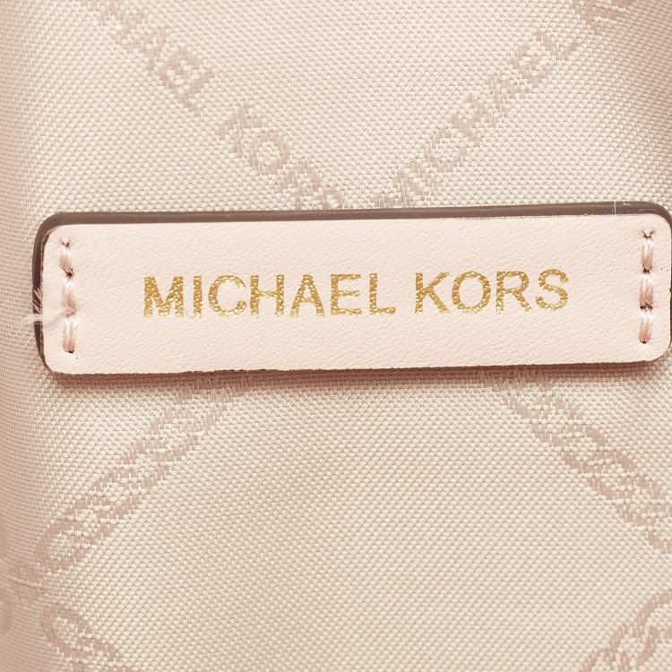 Pre Owned Michael Kors Brown/Pale Pink Monogram Canvas And Leather Stripe Print Tote