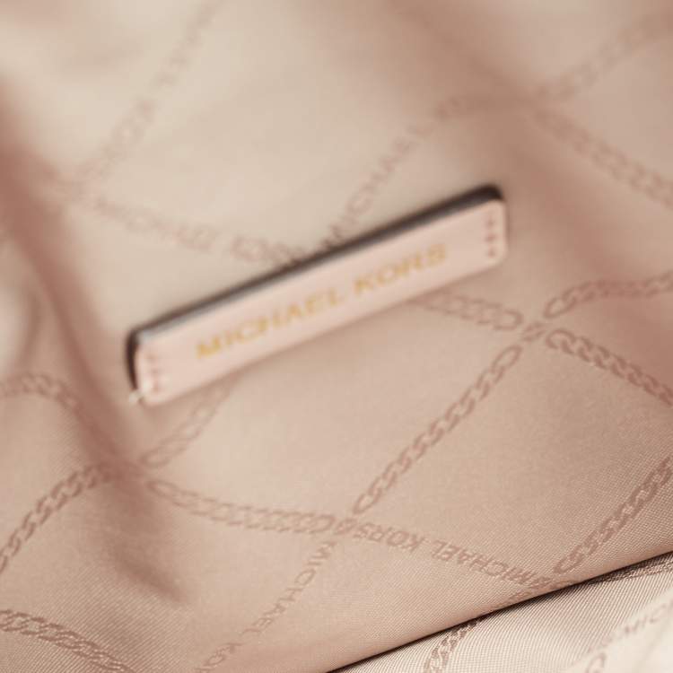 Pre Owned Michael Kors Brown/Pale Pink Monogram Canvas And Leather Stripe Print Tote