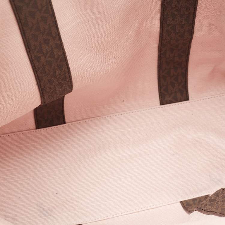Pre Owned Michael Kors Brown/Pale Pink Monogram Canvas And Leather Stripe Print Tote