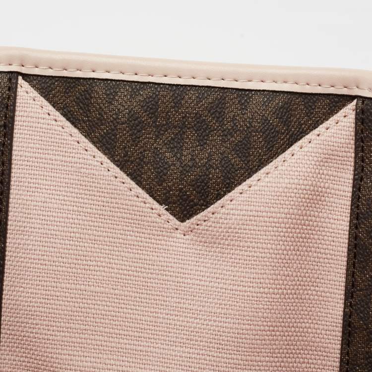 Pre Owned Michael Kors Brown/Pale Pink Monogram Canvas And Leather Stripe Print Tote