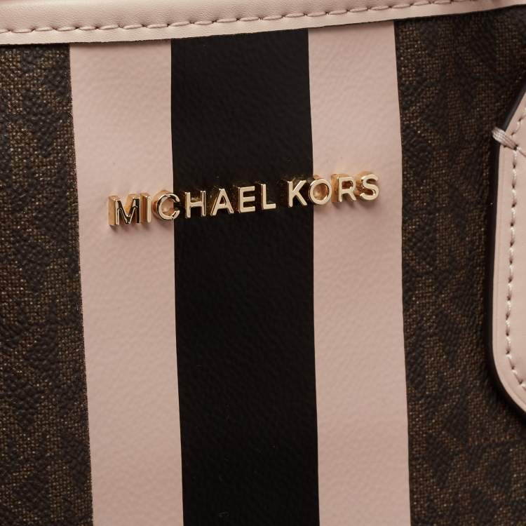 Pre Owned Michael Kors Brown/Pale Pink Monogram Canvas And Leather Stripe Print Tote