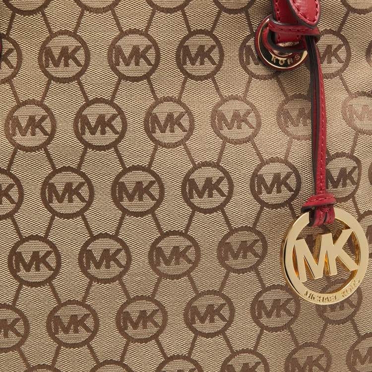 Pre Owned Micheal Kors Beige/Red Signature Canvas and Leather Jet Set Tote