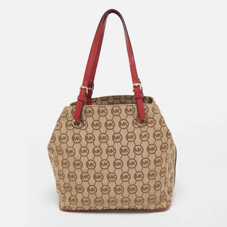 Pre Owned Micheal Kors Beige/Red Signature Canvas and Leather Jet Set Tote