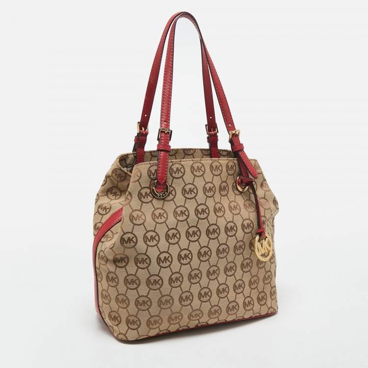 Pre Owned Micheal Kors Beige/Red Signature Canvas and Leather Jet Set Tote