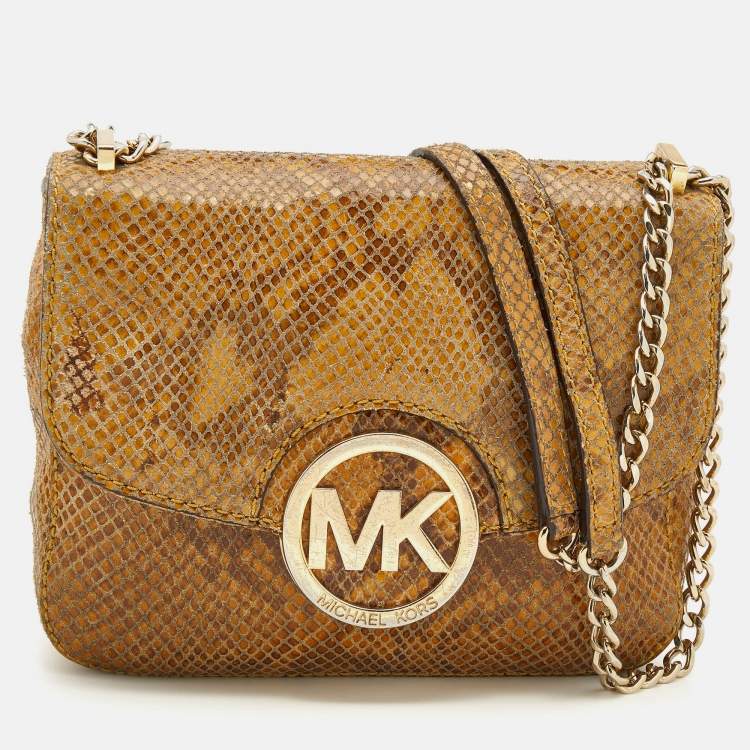 Pre Owned Michael Kors Honey Python Embossed Suede Shoulder Bag
