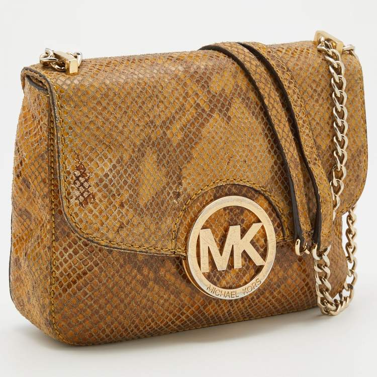 Pre Owned Michael Kors Honey Python Embossed Suede Shoulder Bag