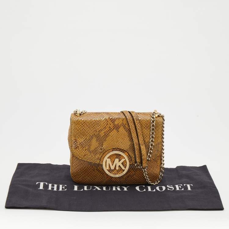 Pre Owned Michael Kors Honey Python Embossed Suede Shoulder Bag